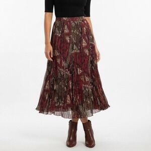 Ruby Rd Burgundy Gold Abstract Print Pleated Maxi Skirt Size 12